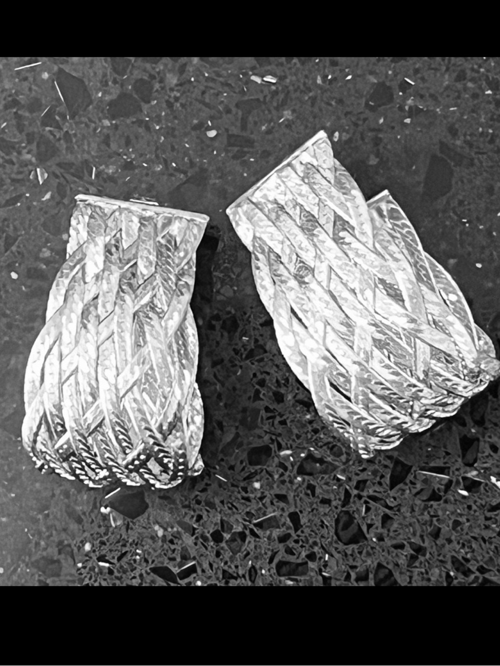 Diamond cut vintage twisted herringbone sterling silver statement hoop earrings